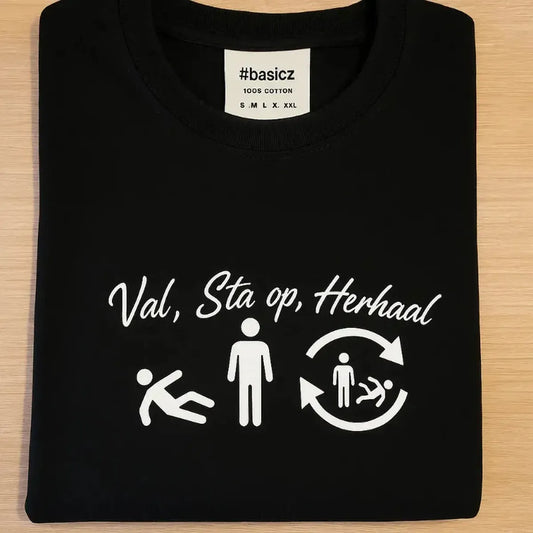 Unieke slogan t-shirt voor heren met 'Val, Sta op, Herhaal' – Weki Schiedam