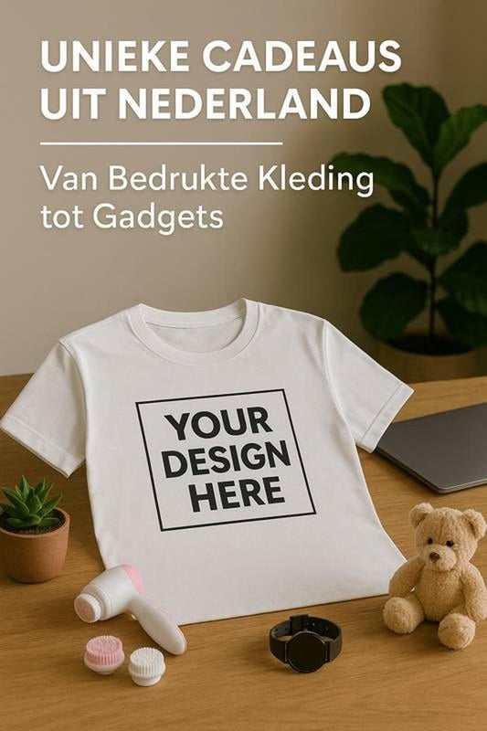 Bedrukt T-shirt met eigen ontwerp, omringd door een smartwatch, gezichtsreinigingsborstel, laptop en knuffelbeer – originele cadeaus uit Nederland.