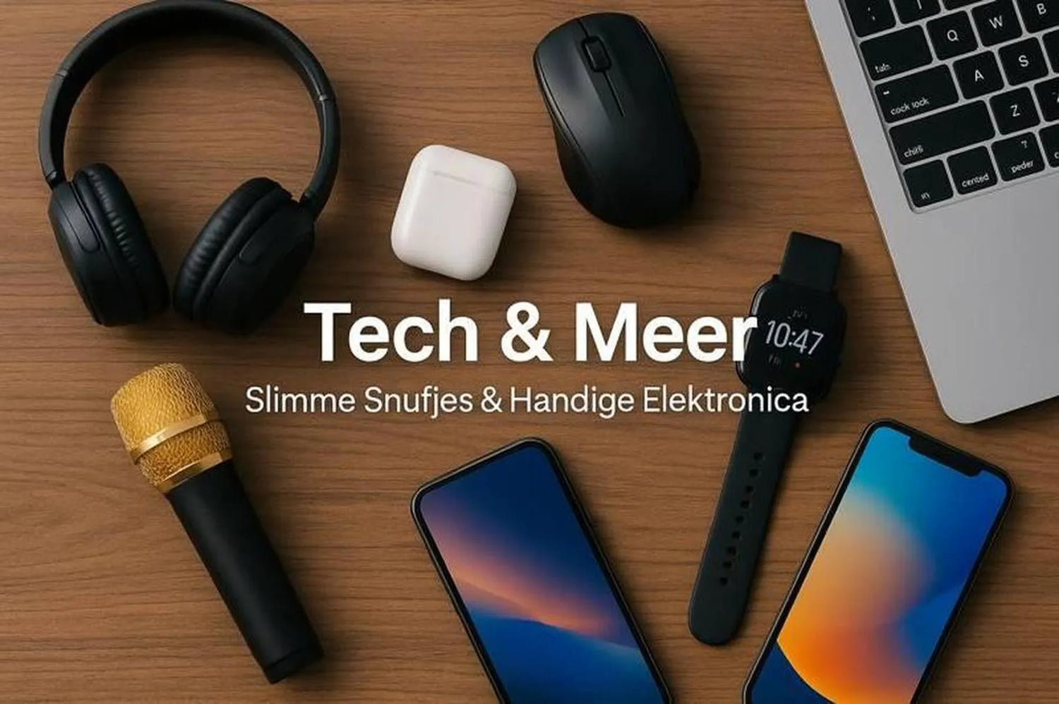 Verschillende gadgets op een houten tafel, waaronder een smartwatch, draadloze oordopjes, microfoon, laptop en smartphone – Tech & Meer collectie Wekischiedam.