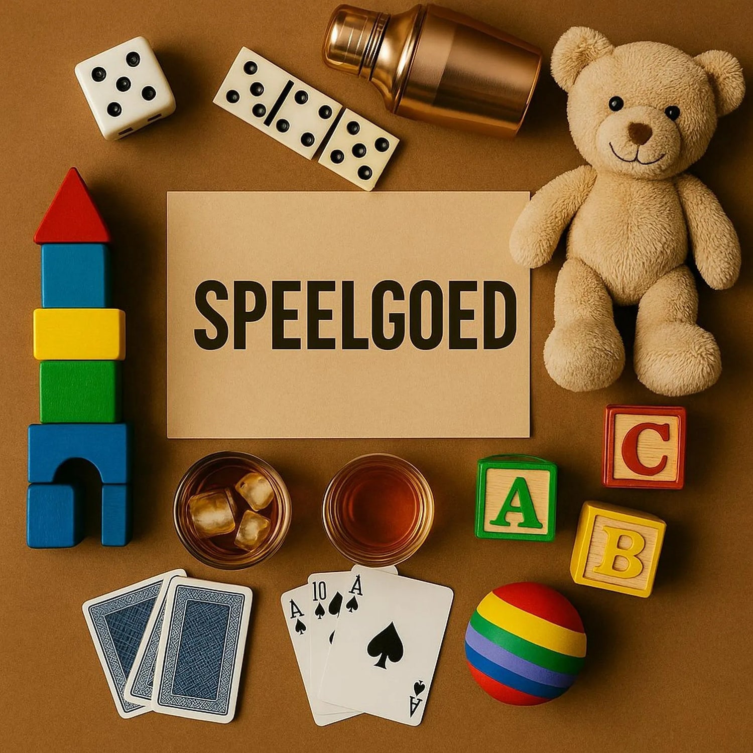 Kinderspeelgoed op houten tafel, waaronder een treintje, blokken, stapeltoren, teddybeer, dinosaurus en bord met tekst “Speelgoed – Voor Klein en Groot Spelplezier”. 
