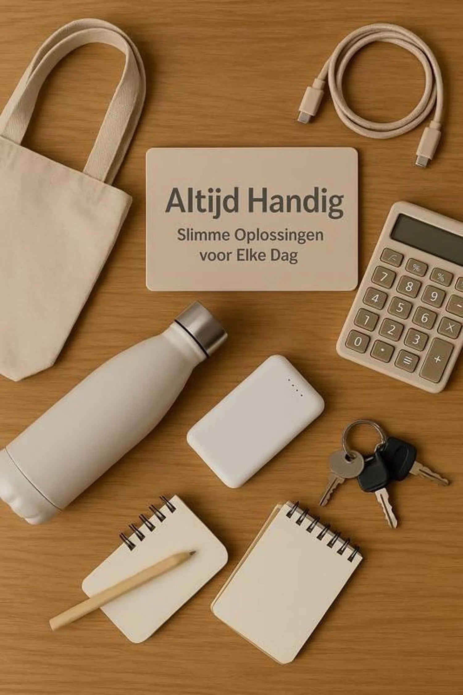 Slimme dagelijkse hulpmiddelen op een houten tafel, waaronder een waterfles, powerbank, notitieboekjes, sleutels, USB-kabel, rekenmachine en tas.