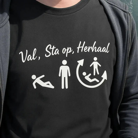 Unieke slogan t-shirt voor heren met 'Val, Sta op, Herhaal' – Weki Schiedam